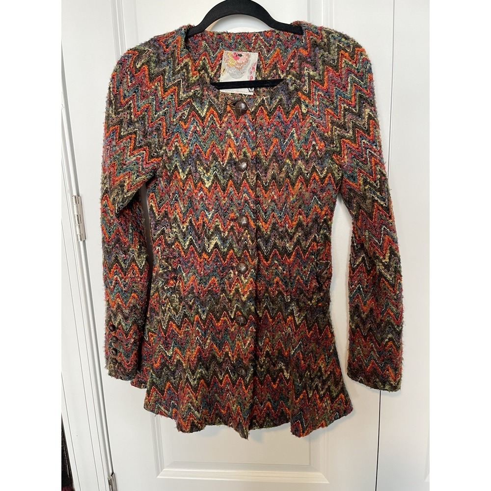VTG Free People S Zig Zag Jacket Multi Color Peplum Button Down BOHO Lined Coat